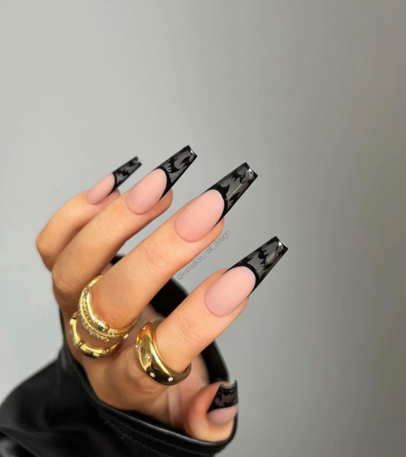 53 Black Halloween Nails — Sheer Black French Tip Nails