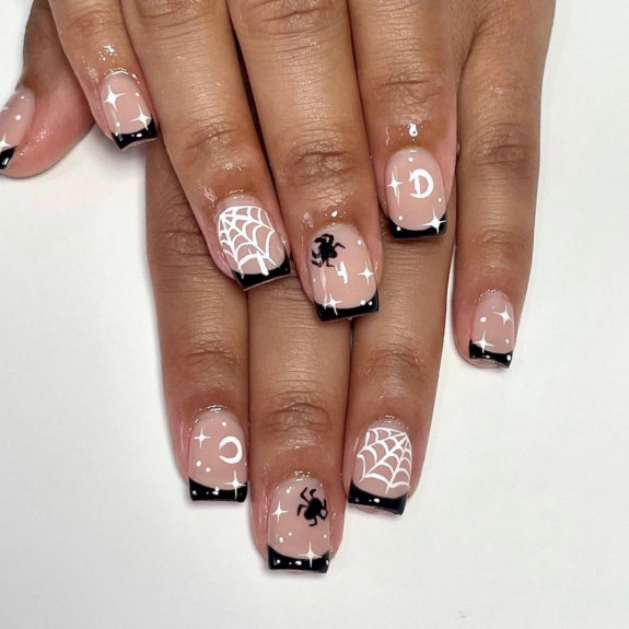 50 Spooky Spider Web Nails — Black French Tip + White Spiderweb Nails