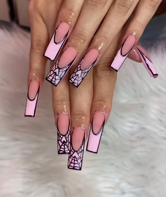 50 Spooky Spider Web Nails — Black Spider Web Pink French Nails