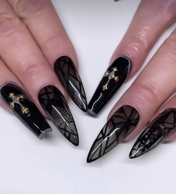 53 Black Halloween Nails — Spooky Vibe Black Sheer Stiletto Nails