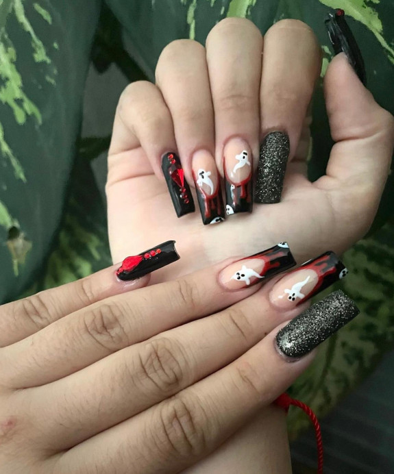 53 Black Halloween Nails — Mismatch Black Nails with Red Accents