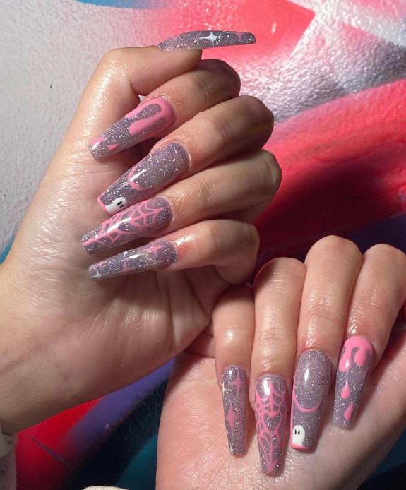 50 Spooky Spider Web Nails — Glitter Nails with Pink Spiderweb