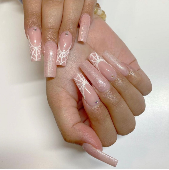 50 Spooky Spider Web Nails — Shimmery Nude Nails with Spider Web Tips