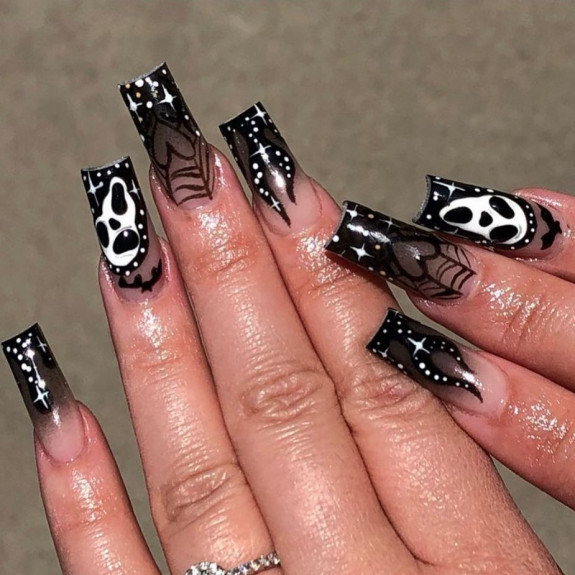 53 Black Halloween Nails — Ghost Face + Sparkle Nails