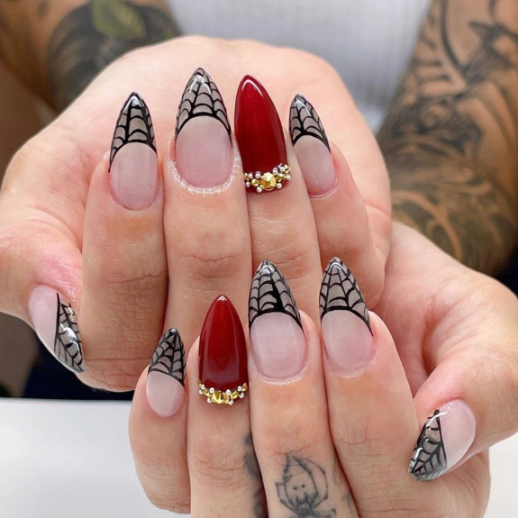 50 Spooky Spider Web Nails — Red Nails with Diamante Accents