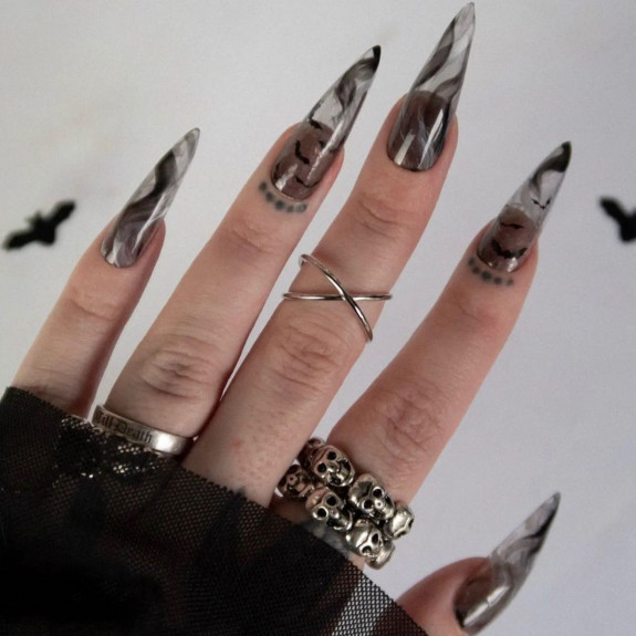 53 Black Halloween Nails — Sheer Nails with Black Accents