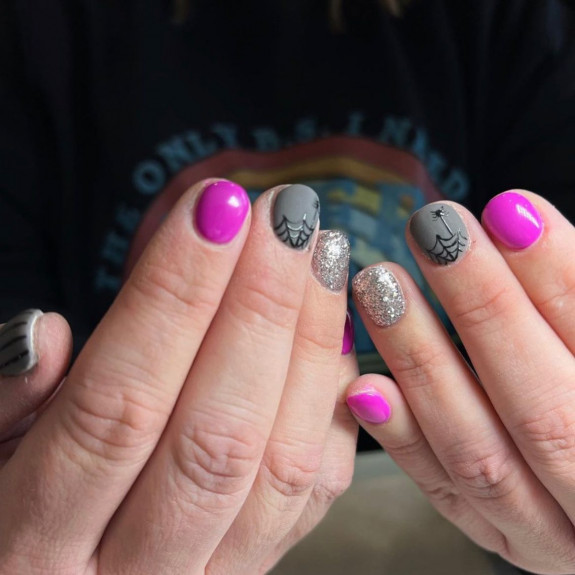 50 Spooky Spider Web Nails — Hot Pink, Glitter and Grey Nails