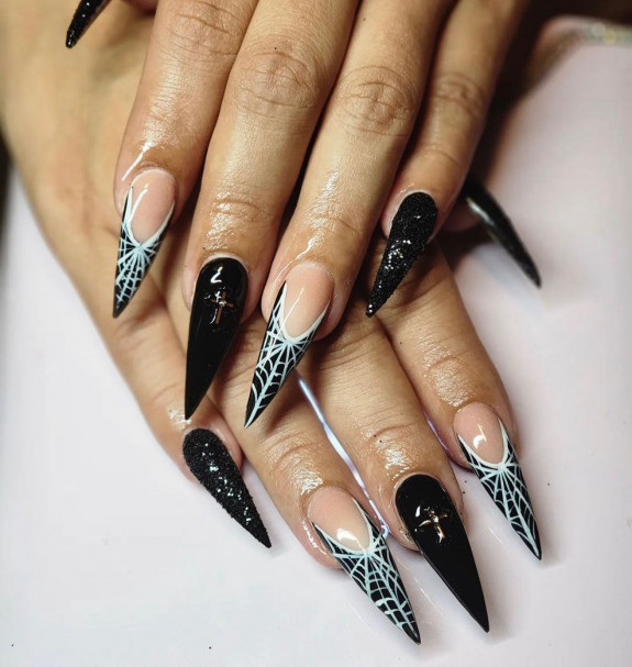 50 Spooky Spider Web Nails — Spider Web French Tips + Black Stiletto Nails