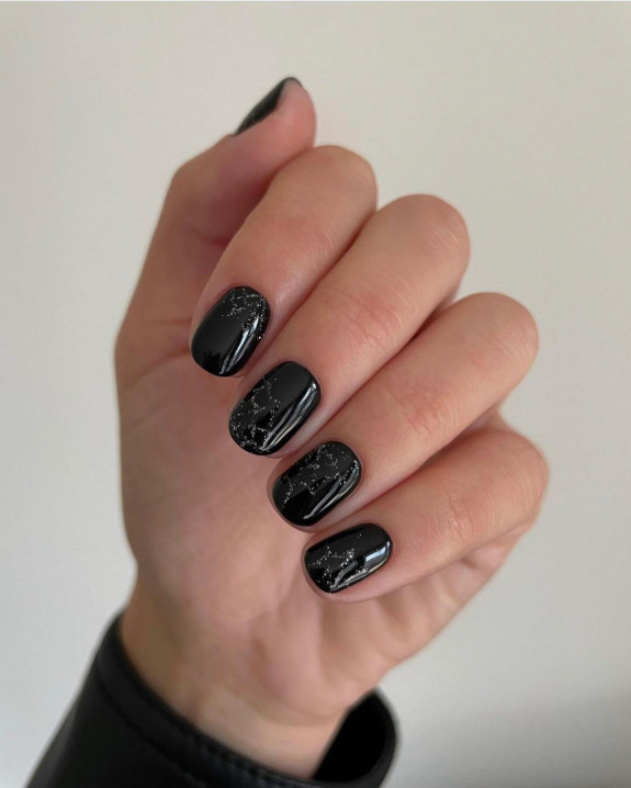 53 Black Halloween Nails — Shimmery Cobweb Black Nails