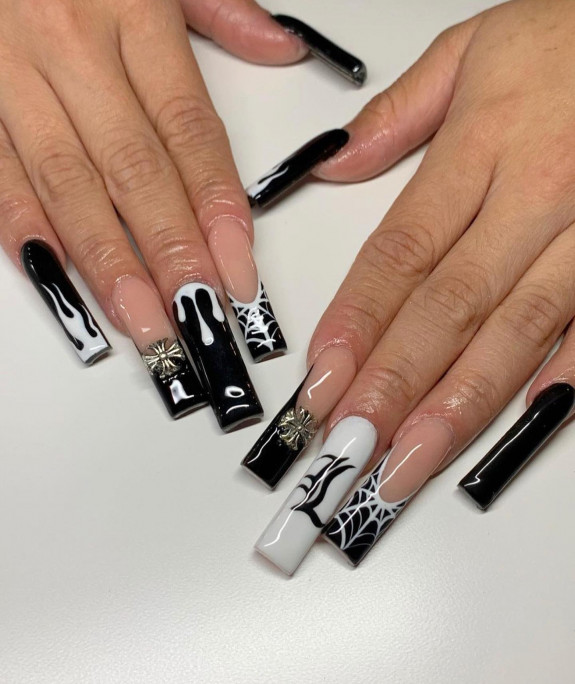 53 Black Halloween Nails — Haunting Black Nails with White Details