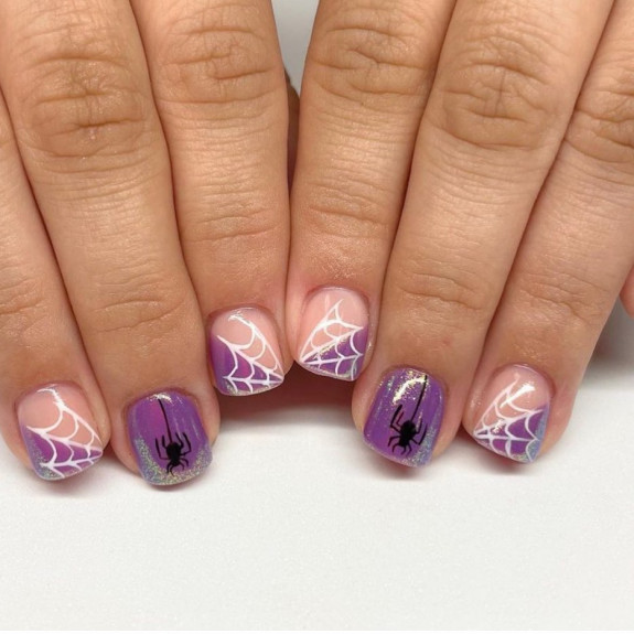 50 Spooky Spider Web Nails — Nude and Purple Short Halloween Nails