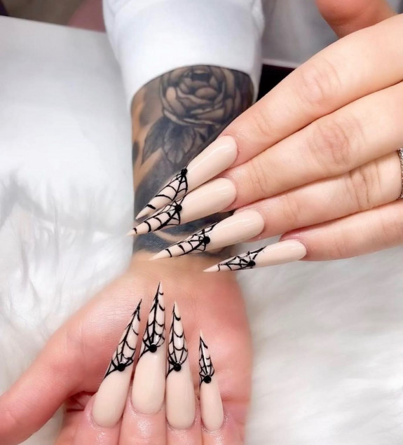 50 Spooky Spider Web Nails — Nude Stiletto Nails with Spiderweb