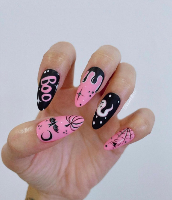 53 Black Halloween Nails — Black and Pink Halloween Nails