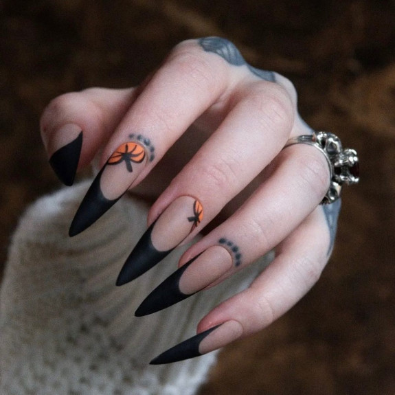 53 Black Halloween Nails — Black French Stiletto Nails with Orange Pumpkin