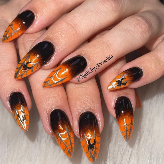 50 Spooky Spider Web Nails — Black and Orange Ombre Nails with Spider Tips