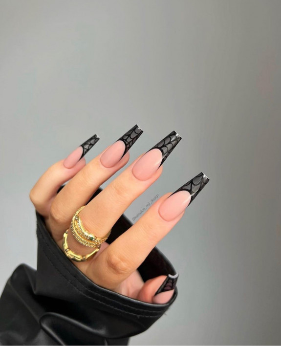 53 Black Halloween Nails — Black Spiderweb French Tip Nails