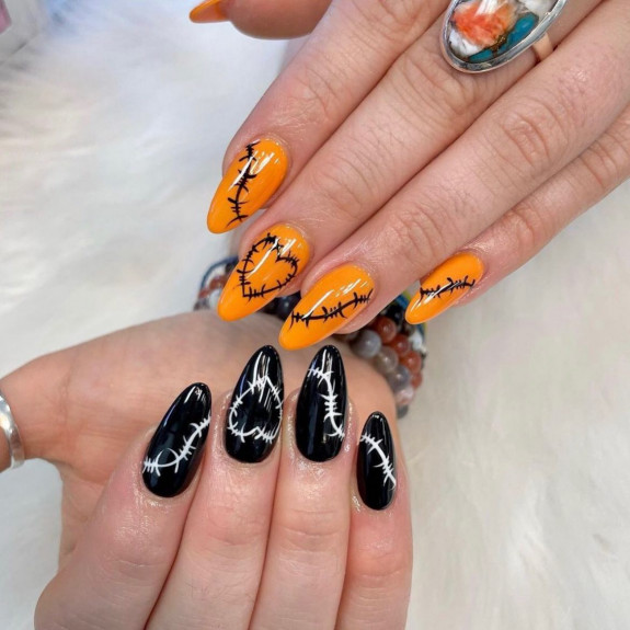 53 Black Halloween Nails — Black and Orange Stitch Nails