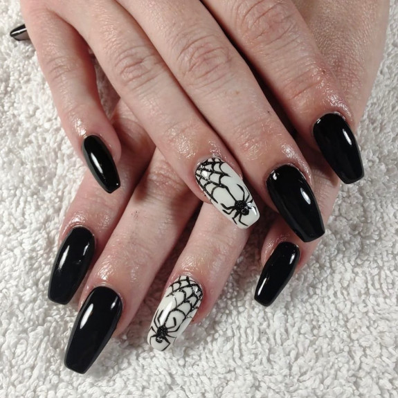 53 Black Halloween Nails — Black & White Nails with Spider Accents