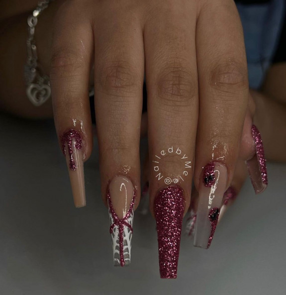 50 Spooky Spider Web Nails — Burgundy Glitter Nails with White Spiderweb Tip