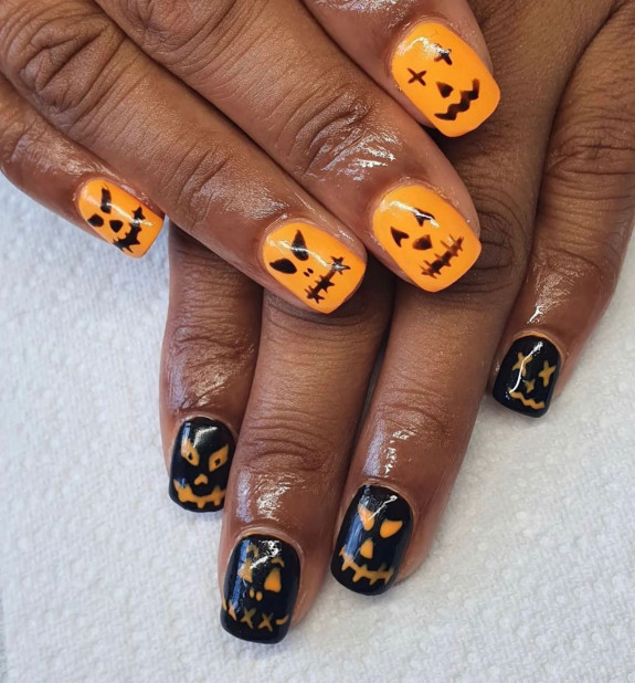 53 Black Halloween Nails — Pumpkin Face Black and Orange Short Nails