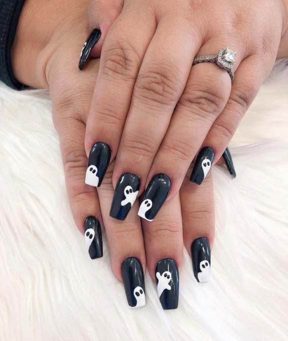 53 Black Halloween Nails — Floating Ghost Black Coffin Nails