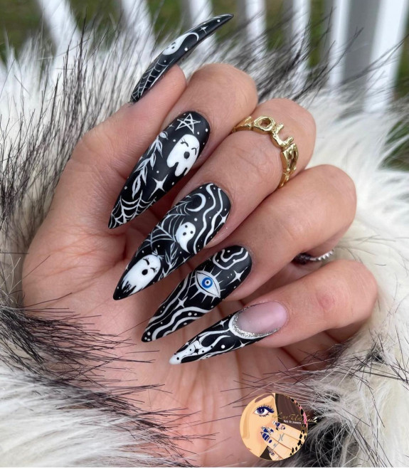 53 Black Halloween Nails — White Spooky Details