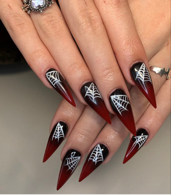 53 Black Halloween Nails — Black and Red Ombre Stiletto Nails