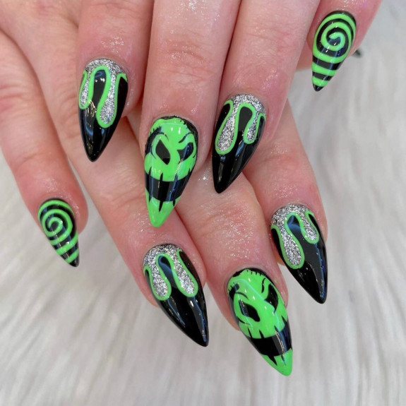 53 Black Halloween Nails — Illuminated Green on Black Nails