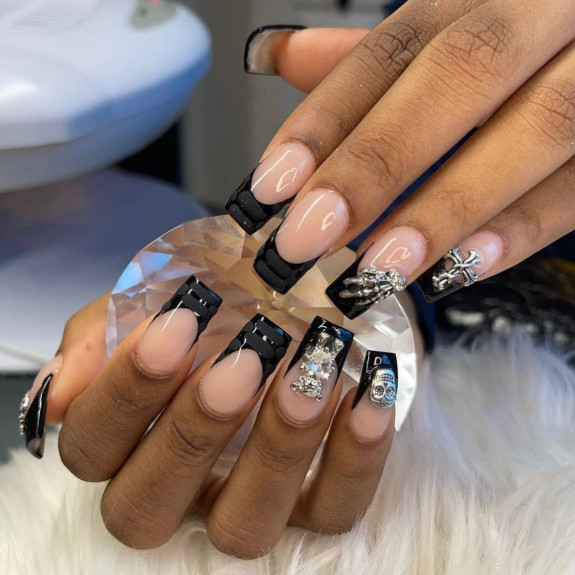 53 Black Halloween Nails — Crocodile Print French Tip Nails