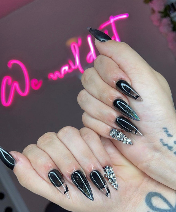 53 Black Halloween Nails — Black Smokey Stiletto Nails with Bat Details