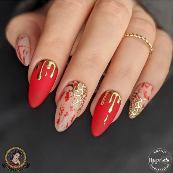 50 Spooky Spider Web Nails — Gold Drip + Gold Spiderweb Red Nails