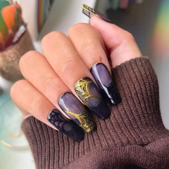 53 Black Halloween Nails — Golden Cobwebs