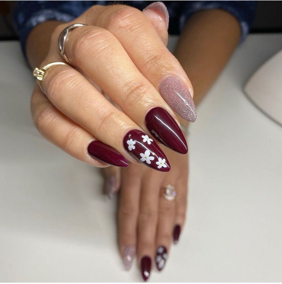 49 Pretty Fall Floral Nails — Burgundy Nails with White Floral