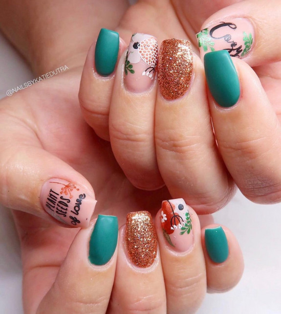 49 Pretty Fall Floral Nails — Rose Gold and Green Nails