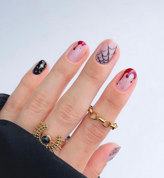 50 Spooky Spider Web Nails — Spiderweb + Blood Drip Sheer Short Nails