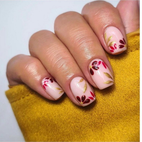 49 Pretty Fall Floral Nails — Red and Burgundy Flower Nails