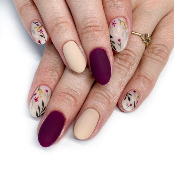 49 Pretty Fall Floral Nails — Matte Nude + Purple + Floral Nails