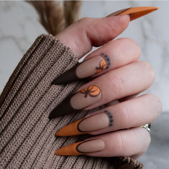 76 Spooky Halloween Nails for Every Taste — Black and Pumpkin French Tip Stiletto Nails