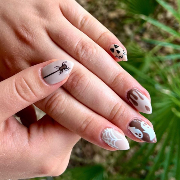 76 Spooky Halloween Nails for Every Taste — Nude Drip + Spider Nails