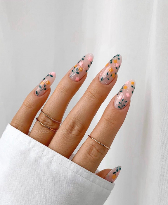 49 Pretty Fall Floral Nails — Pink and Orange Floral Sheer Nails