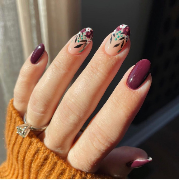 49 Pretty Fall Floral Nails — Burgundy Floral Nails