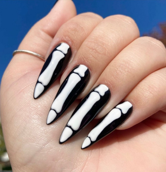 53 Black Halloween Nails — Skeleton Black Nails