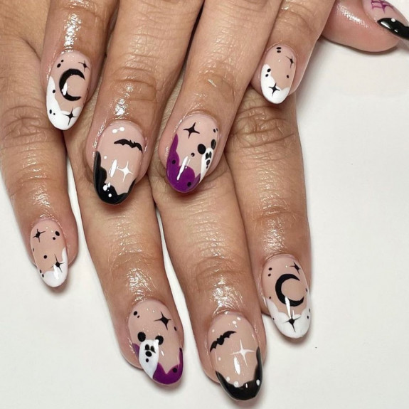 76 Spooky Halloween Nails for Every Taste — Black, White, Purple Scallop Tip Nails