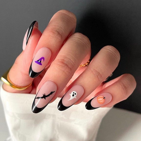 53 Black Halloween Nails — Black French Tip Nails with Cute Details