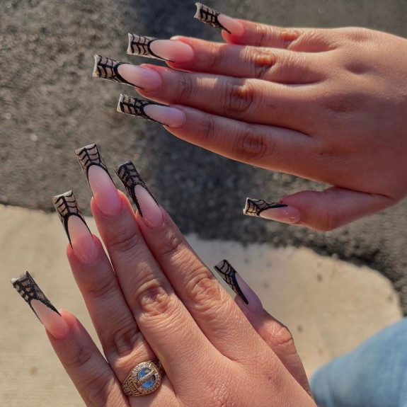 50 Spooky Spider Web Nails — Acrylic Square Long Nails