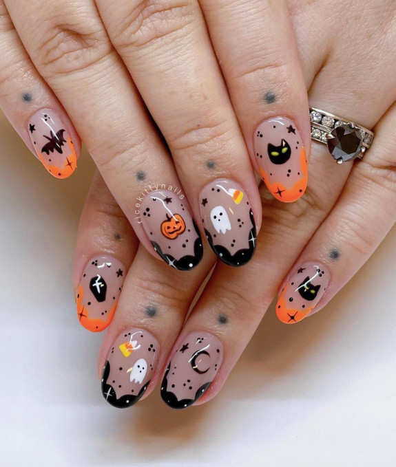 76 Spooky Halloween Nails for Every Taste — Orange and Black Scallop Tip Nails