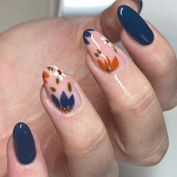 49 Pretty Fall Floral Nails — Navy Blue + Floral Nails