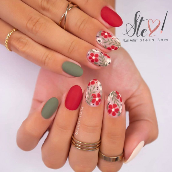 49 Pretty Fall Floral Nails — Red and Sage Flower Nails