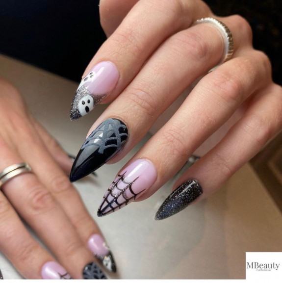 53 Black Halloween Nails — Shimmery Black Halloween Stiletto Nails