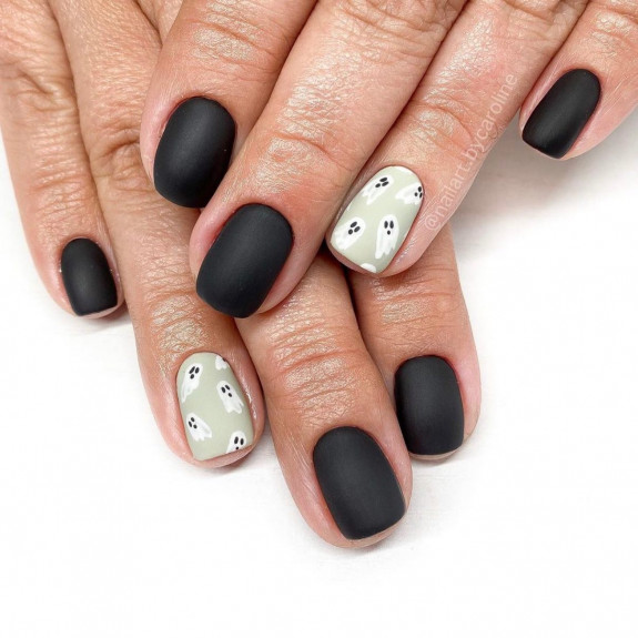 53 Black Halloween Nails — Matte Black & Soft Green Nails